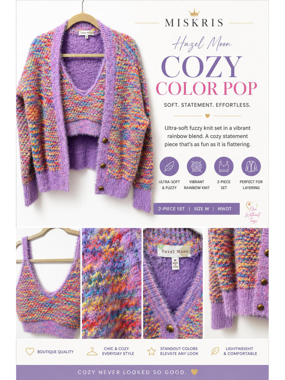 Hazel Moon Fuzzy Knit Cardigan & Bralette Set M Rainbow Speckled Soft Cozy Bouti